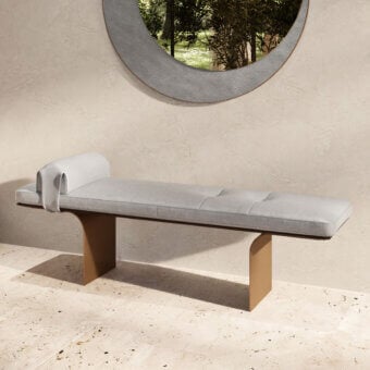 Meticulous Borzalino Minerva bench with light gray upholstery and lacquered muted brown curved metal blades