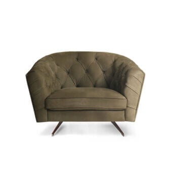 Exceptional Borzalino New Kap lounge chair with olive-green textile upholstery and criss-crossed elastic springing in poplar plywood and metal legs
