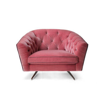 Handcrafted Borzalino New Kap lounge chair with pink textile upholstery and dark lacquered metal legs
