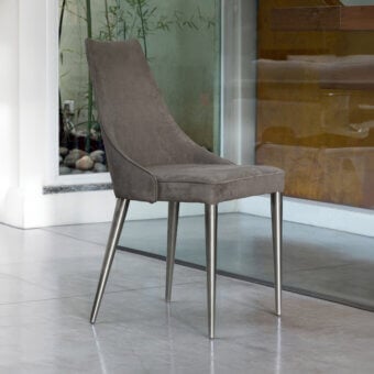 Distinguished Bontempi Clara chair with matte gray textile upholstery and slender metal legs with a brushed finish