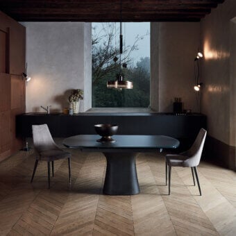 Exceptional Bontempi Podium extendable table with dark-toned smooth tabletop and solid concrete base crafted in Italy