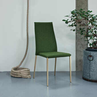 Exceptional Bontempi Tai chair with curved lines upholstered in textured dark green textile and matte gold finished metal legs