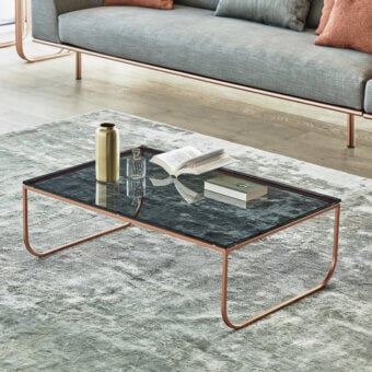 Superior Bontempi Tokio coffee table with a curved metal frame in rose-gold and a dark smoky glass top