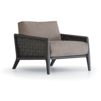 Timeless Cierre1972 Iole lounge chair with dark wood frame and light brown textile cushions crafted in Italy