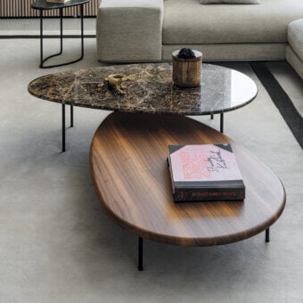Distinguished Casamania Lily coffee table presents a two-tiered design with glossy brown wood and marble-like surfaces supported by black metal legs