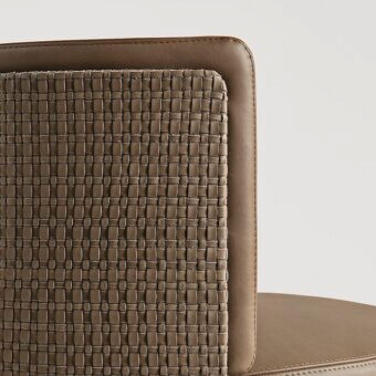 Superior Frag Clubby lounge chair built in Italy with woven taupe leather backrest and smooth leather-like upholstery