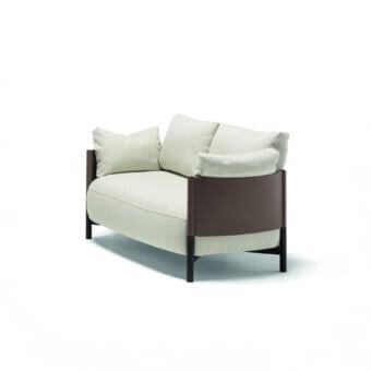 Distinguished Frag Syren sofa balances softness with a geometric silhouette upholstered in textured light beige textile with a dark brown frame