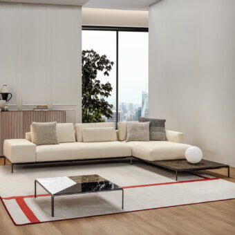 Superior Horm Dizzy sectional with light cream textile upholstery, ecological aluminum frame and textured matte finish