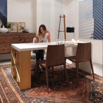 Superior Horm J-Table desk with white laminate veneered MDF top and light brown solid wood bookcase leg in matte finish