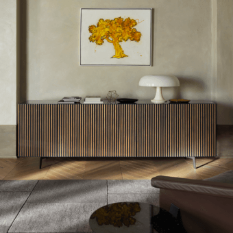 Distinguished Horm Leon sideboard crafted with canaletto walnut inserts displaying multi-colored stripes and angled metal legs