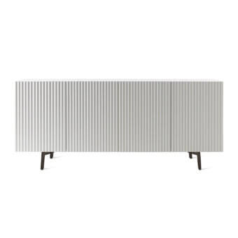 Distinguished Horm Leon sideboard with multi-colored stripes transforming to a uniform facade and dark L-shaped legs in matte white finish