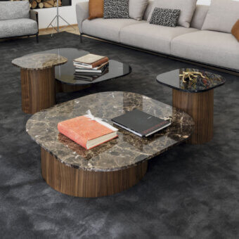 Elegant Horm Marina coffee table with swirling brown and gray marble top and satin finish wood cylindrical base