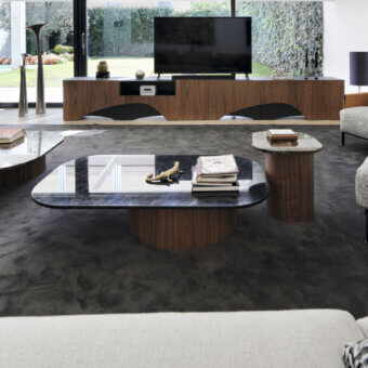 Distinguished Horm Marina coffee table with rounded rectangular dark marble top and cylindrical walnut base showcasing a smooth finish