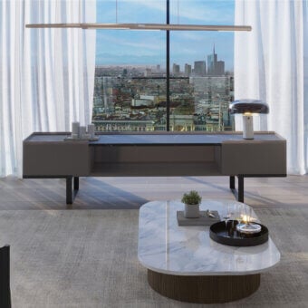 Superior Horm Mayor sideboard with lacquered MDF, dark metal legs, recessed dark gray surface and matte gray shelf