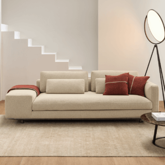 Distinguished Horm Miles sectional sofa with light beige textured textile upholstery and reddish-brown cushions crafted in Italy