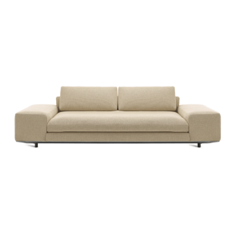 Superior Horm Miles sectional sofa with light beige textile upholstery and a sleek hidden aluminum foot