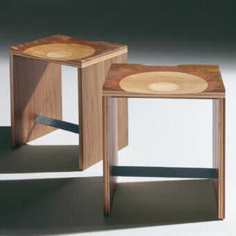 Exceptional Horm Ripples stool with laminated composite seat in walnut, mahogany, cherry, oak, and ash with smooth gradient finish