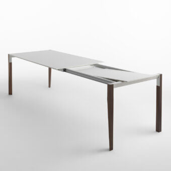 Superior Horm Tango extendable table with a smooth matte white Fenix top and satin finish deep brown wood legs
