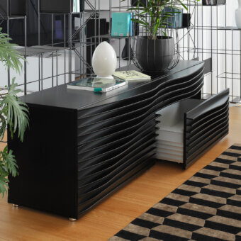 Distinguished Horm Tide dresser with a curved silhouette built in evenly-spaced MDF and a matte black finish
