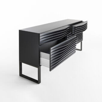 Distinguished Horm Tide dresser with a sculpted front built in evenly-spaced MDF sheets and glossy black finish