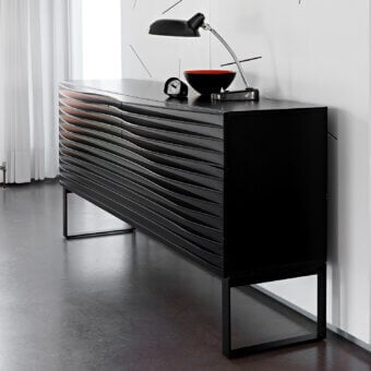 Exceptional Horm Tide sideboard crafted with wave-like evenly-spaced MDF sheets in matte black finish for capacious storage