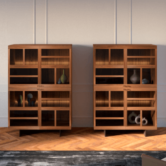 Elegant Horm Torii cupboard with internal glass shelves and satin medium-toned brown wood finish crafted in Italy
