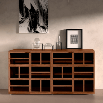 Superior Horm Torii sideboard crafted from wood with a smooth finish, displaying a geometric grid with illuminated glass shelves within integrated doors