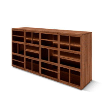 Distinguished Horm Torii sideboard crafted in Italy with reddish-brown wood and uniform finish, showcasing illuminated glass shelving