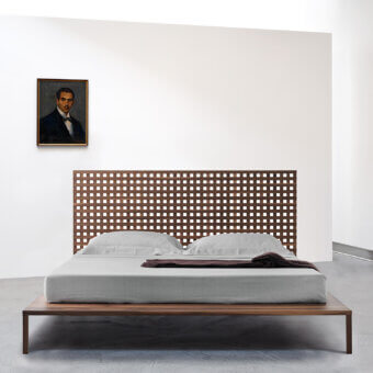 Exceptional Horm Twine bed crafted in solid wood with a matte finish and rich brown tones featuring a grid-like headboard