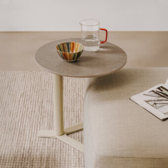 Elegant Lapalma YO side table with medium gray HPL Fenix® top and light beige powder-coated metal base crafted in Italy