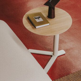 Superior Lapalma YO side table with round birch wood veneered top and sleek white powder-coated metal Y-shaped leg