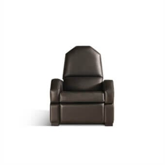 Distinguished Mascheroni Cosmic Home Cinema Seating armchair upholstered in dark brown leather with a robust geometric form and integrated controls