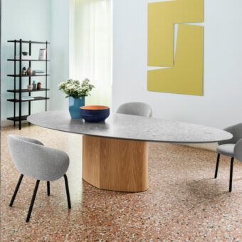 Exceptional Miniforms Monoplauto table with a gray terrazzo-like oval top and light oak leaf-shaped leg in a matte finish