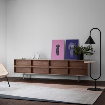 Elegant Miniforms Ramblas sideboard crafted in warm brown wood with off-white frame and book-like doors