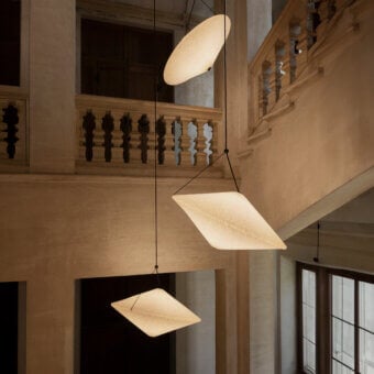Distinguished Miniforms Rificolona suspension lamp in off-white recycled polyethylene with frosted light-emitting components
