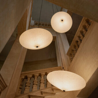 Elegant Miniforms Rificolona suspension lamp in off-white recycled polyethylene with textured matte finish