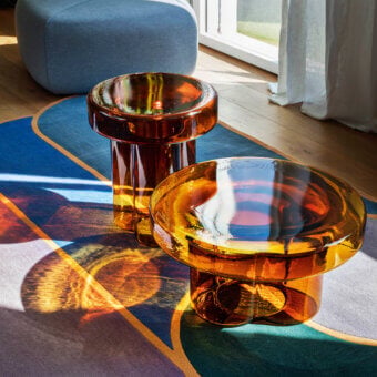 Superior Miniforms Soda coffee table in warm amber Murano blown-glass with a uniquely hammered surface showcasing skilled Italian artistry
