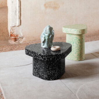 Innovative Miniforms Superpop coffee table built with recycled polyethylene in black speckled matte finish