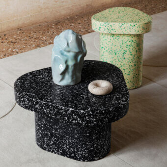 Distinguished Miniforms Superpop coffee table crafted with recycled polyethylene in speckled black and white with glossy sheen