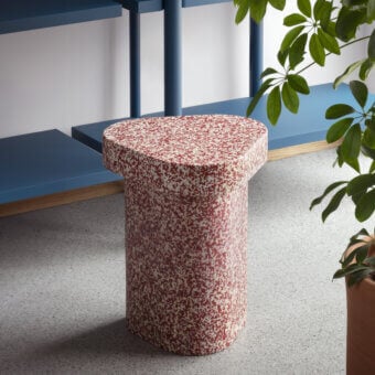 Superior Miniforms Superpop side table crafted with speckled terracotta red and cream recycled polyethylene finish