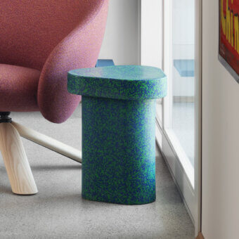 Avant-garde Miniforms Superpop side table in speckled recycled polyethylene with vibrant blue and green tones