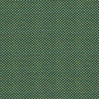 Textile with repeating square pattern in teal green and gold, dense weave with horizontal bands, diffused studio lighting, textured fabric sample.