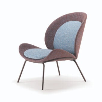Exceptional Bross Baltea lounge chair with brownish-red fabric upholstery and light blue inner surfaces in matte metal