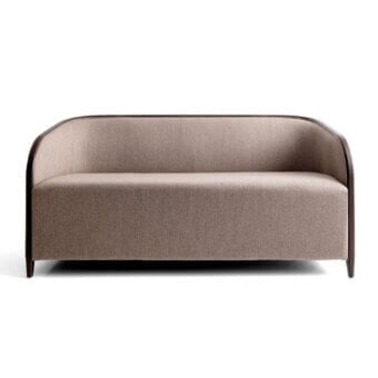 Exceptional Bross Brig sofa with a medium-neutral brown textured fabric cover and dark brown wood frame