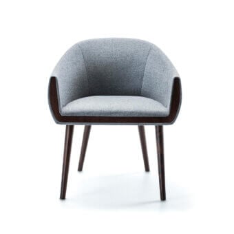 Elegant Bross Ginevra armchair with light gray textile upholstery and contrasting dark-stained wood armrests and legs