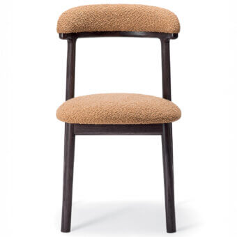 Exceptional Bross Lindy chair with textured light brown fabric upholstery and dark brown finished wood construction