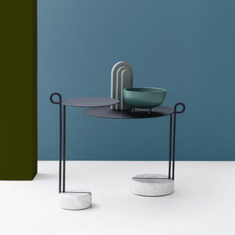 Exceptional Bross Loop coffee table with a looping black metal frame and Black Marquina marble base supporting a matte black tabletop