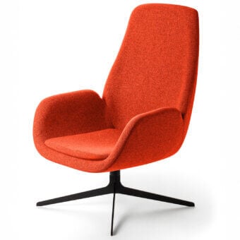 Superior Bross Mysa lounge chair with vibrant orange fabric upholstery and lacquered metal swivel base