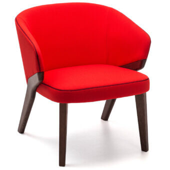 Superior Bross Nora lounge chair with rounded silhouette fully upholstered in vibrant red premium fabric and dark brown wood construction