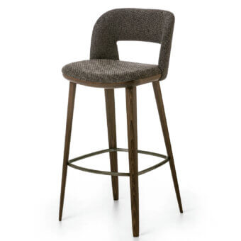 Superior Bross Path stool with light and dark gray fabric upholstery and dark finished wood base with metal footrest